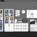White Office Bookcases With Filing Cabinets Printers Wall Charts And Clock Setup 3d model
