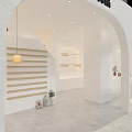 Bright White Fashion Store Interior With Arched Doorways Staircase And Display Shelves