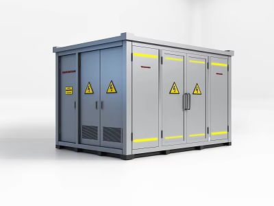 Public Electrical Facility With Gray Metal Enclosure Multiple Doors And Yellow Warning Signs 3d model