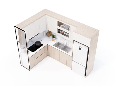 Modern Kitchen Interior With Light Colored Cabinets Countertop Sink And Refrigerator 3d model