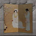 Traditional Oriental Screen with Ancient Female Figures Paintings Golden Background and Cherry Blossom Decor