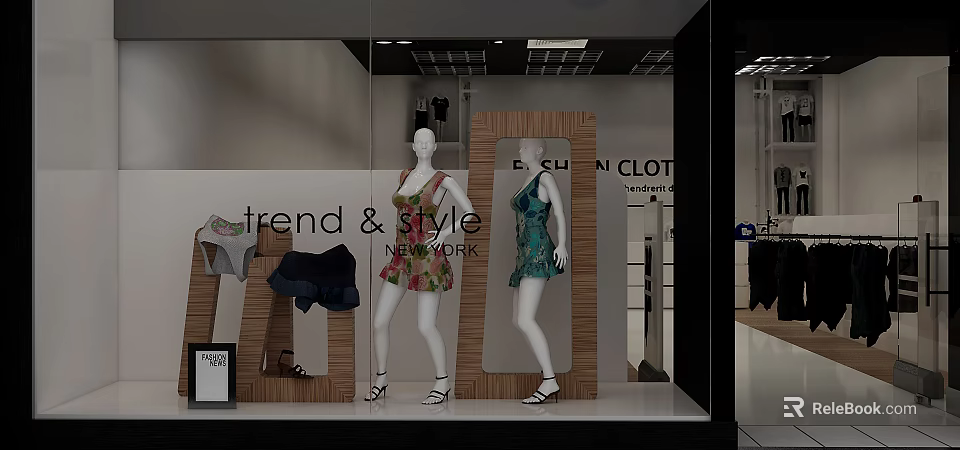 Modern Fashion Clothing Store Window Display With Mannequins Trendy Dresses And Style 3d model 