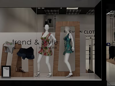 Modern Fashion Clothing Store Window Display With Mannequins Trendy Dresses And Style 3d model