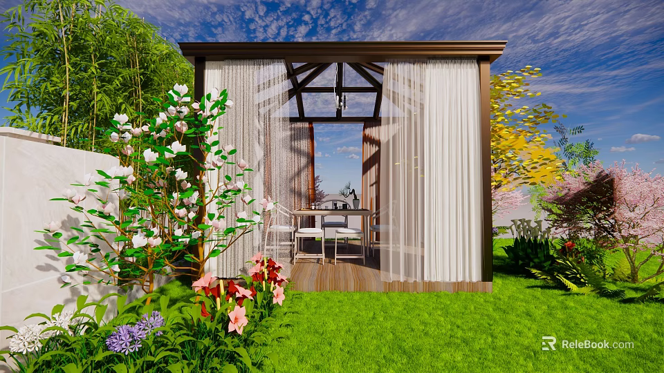 Villa Balcony with Wooden Structure White Curtains Outdoor Furniture Lush Greenery Flowers Under Blue Sky 3d model 