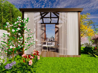 Villa Balcony with Wooden Structure White Curtains Outdoor Furniture Lush Greenery Flowers Under Blue Sky 3d model