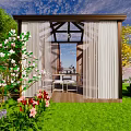 Villa Balcony with Wooden Structure White Curtains Outdoor Furniture Lush Greenery Flowers Under Blue Sky