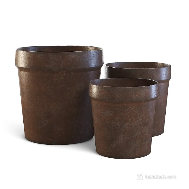 Three Brown Terracotta Bonsai Pots In Different Sizes For Home Decor 3d model 