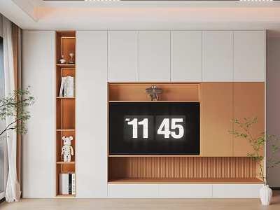 Modern TV Background Cabinet With White And Orange Panels Built In TV And Storage Shelves 3d model
