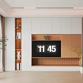 Modern TV Background Cabinet With White And Orange Panels Built In TV And Storage Shelves
