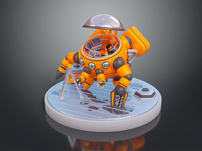Orange Game Movie Character With Mechanical Design Transparent Helmet Standing On Circular Base Robotic Structure 3d model