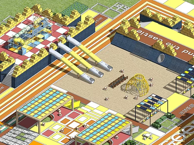Colorful Playground Layout With Slides Sand Area Climbing Structure And Shade Structures 3d model