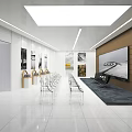 Modern Exhibition Hall Interior With White Walls Wooden Display Counters And Black White Artworks