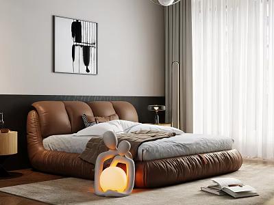 Modern Bedroom Interior With Brown Leather Headboard White Sheets Rug And Wall Painting 3d model