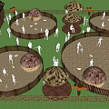 Outdoor Rustic Activity Area With Thatched Huts Wooden Fences And People