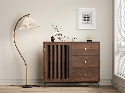 Modern Entryway Cabinet Sideboard Wooden Design With Slatted Drawers Decorative Items And Floor Lamp 3d model