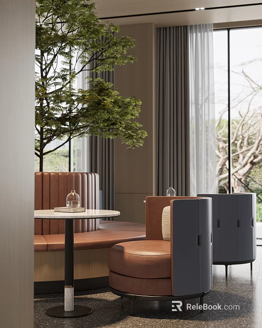 Sales Office Interior With Brown Padded Seating Round Table Dark Chairs Large Windows Trees Outside And Gray Curtains 3d model 
