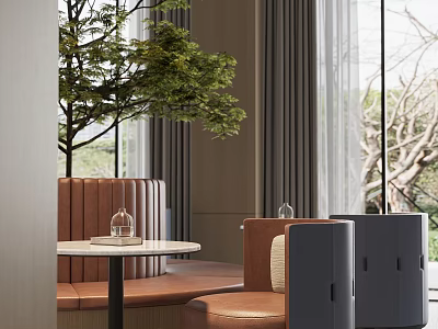 Sales Office Interior With Brown Padded Seating Round Table Dark Chairs Large Windows Trees Outside And Gray Curtains 3d model