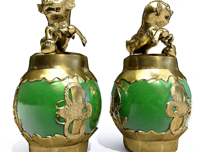Green Brass Decorative Ornament Set With Lion Sculptures For Home 3d model