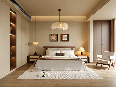 Modern Bedroom Interior With Large Bed Cozy Bedding Decorative Paintings Nightstands And Pendant Lamp 3d model