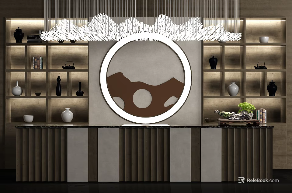 Elegant Modern Decorative Cabinet With Round Mirror Hanging Pendant Lights And Shelf Decorations 3d model 