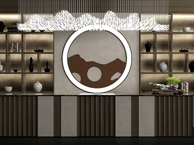 Elegant Modern Decorative Cabinet With Round Mirror Hanging Pendant Lights And Shelf Decorations 3d model