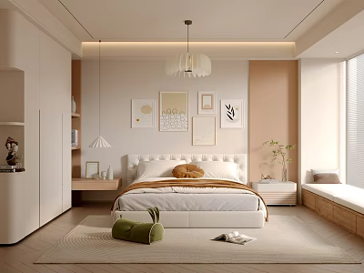 Modern Minimalist Bedroom Interior With Cozy Bed Wall Art Pendant Light Soft Rug And Large Window 3d model