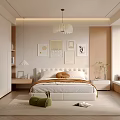 Modern Minimalist Bedroom Interior With Cozy Bed Wall Art Pendant Light Soft Rug And Large Window