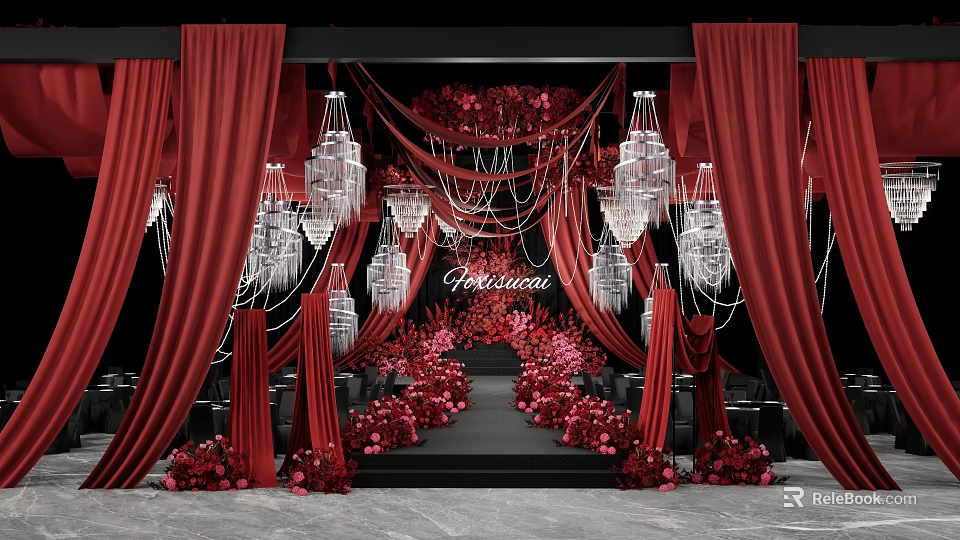 Wedding Floral Display With Red Curtains Crystal Chandeliers And Pink Red Flowers On Black Stage 3d model 