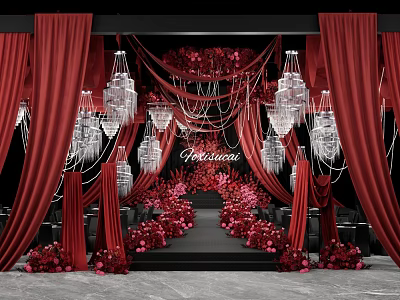 Wedding Floral Display With Red Curtains Crystal Chandeliers And Pink Red Flowers On Black Stage 3d model