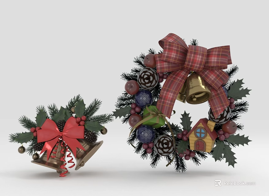 Festive Christmas Decorative Ornament Set With Wreath Bells Red Bow Pine Branches And Pinecones 3d model 