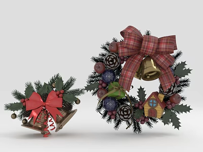 Festive Christmas Decorative Ornament Set With Wreath Bells Red Bow Pine Branches And Pinecones 3d model