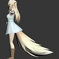 Game and Movie Character with Cat Ears Long Hair Blue Dress Brown Boots Arms Outstretched