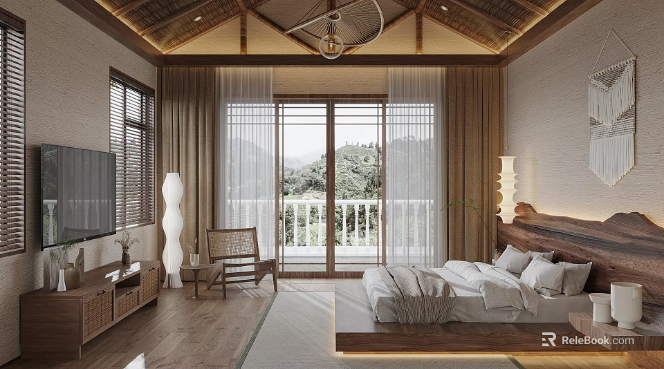 Elegant Hotel Guest Room With King Bed Balcony And Modern Wooden Furniture 3d model 