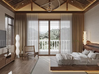 Elegant Hotel Guest Room With King Bed Balcony And Modern Wooden Furniture 3d model