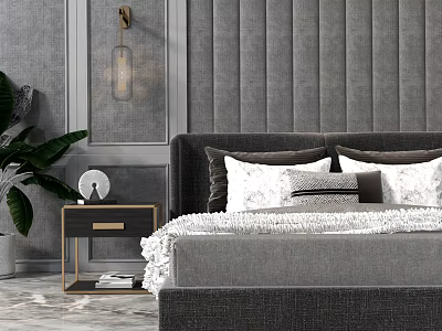 Modern Double Bed With Grey Striped Headboard White Grey Pillows Nightstand And Green Plant 3d model