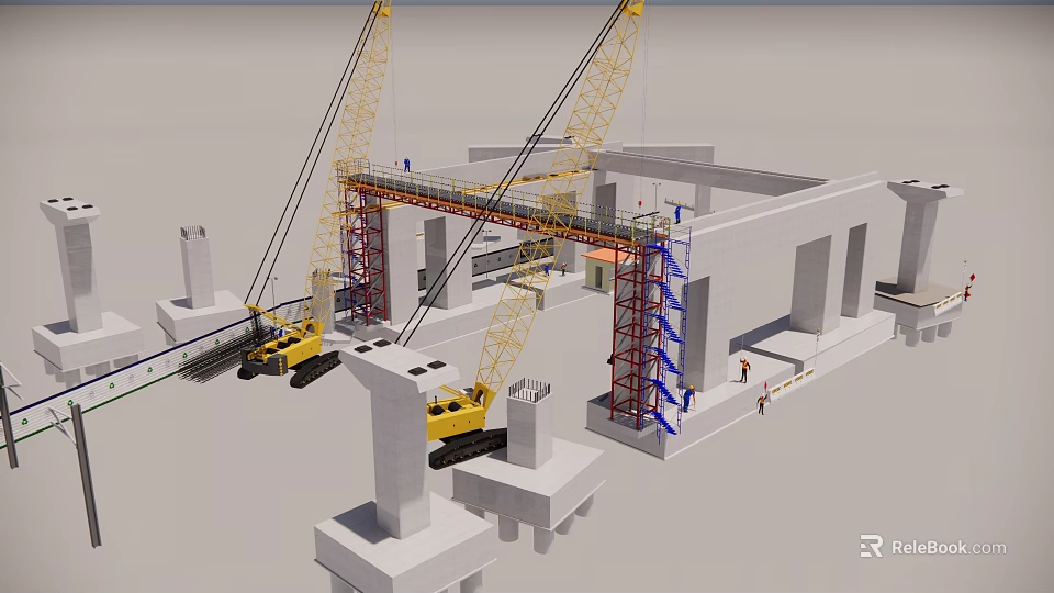 Active Bridge Construction Site With Cranes Scaffolding And Workers In Progress 3d model