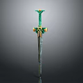Fantasy Sword With Green And Gold Ornate Design Intricate Hilt And Sharp Blade