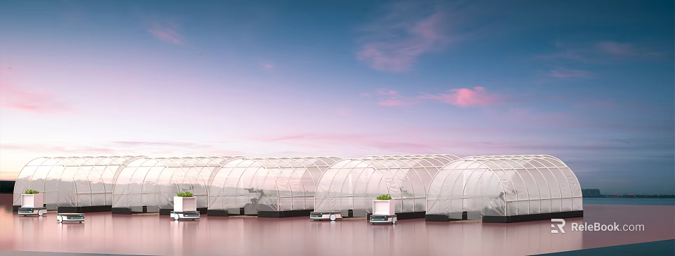 Modern Industrial Factory Structure with Transparent Roof and Waterfront Green Plants 3d model 