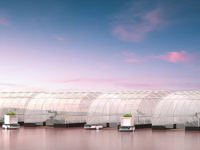 Modern Industrial Factory Structure with Transparent Roof and Waterfront Green Plants 3d model