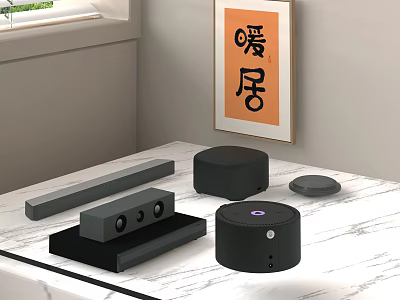 Home Audio System With Soundbar Subwoofer And Speakers On Marble Tabletop With Calligraphy 3d model