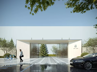 Modern Residential Entrance Gate With Metal Grille Green Trees Black Car Pedestrian On Patterned Pavement 3d model