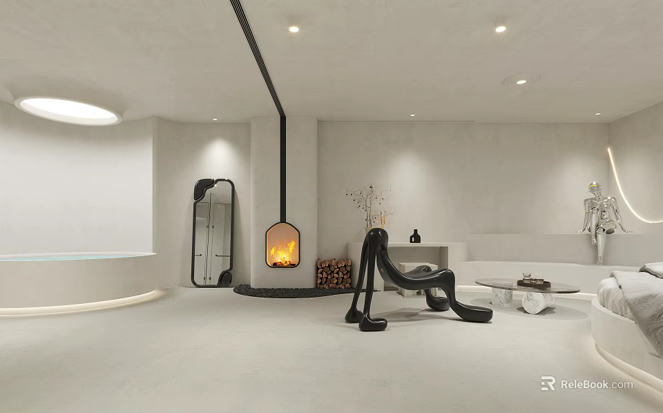 Modern Hotel Room Interior With Fireplace Black Chair Sofa And Bathtub 3d model 