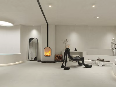 Modern Hotel Room Interior With Fireplace Black Chair Sofa And Bathtub 3d model
