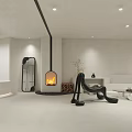 Modern Hotel Room Interior With Fireplace Black Chair Sofa And Bathtub