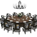 Stylish Round Dining Table Set With Upholstered Chairs Tableware And Chandelier 3d model