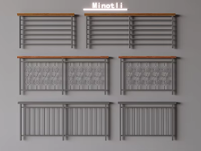 Modern Staircase Railings With Wooden Top And Metal Balusters In Various Styles 3d model