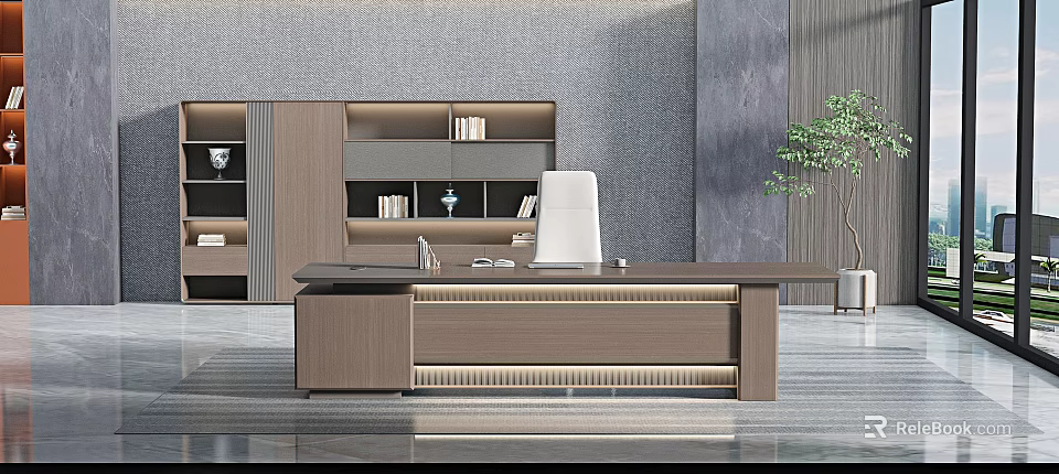 Modern Office Interior With Large Desk White Chair Bookshelf And Green Plant 3d model 