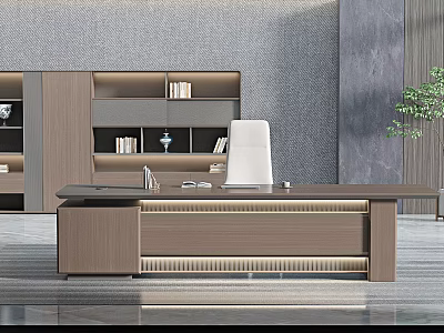Modern Office Interior With Large Desk White Chair Bookshelf And Green Plant 3d model