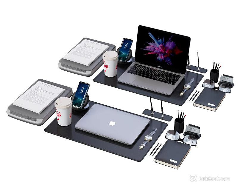 Modern Office Desk Setup With Laptop Phone Coffee Cup And Stationery 3d model 