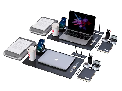 Modern Office Desk Setup With Laptop Phone Coffee Cup And Stationery 3d model